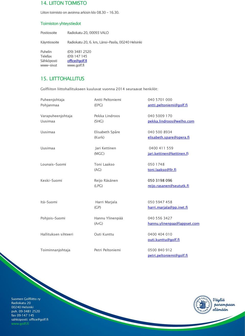 LIITTOHALLITUS Golfliiton liittohallitukseen kuuluvat vuonna 2014 seuraavat henkilöt: Puheenjohtaja Antti Peltoniemi 040 5701 000 Pohjanmaa (EPG) antti.peltoniemi@golf.