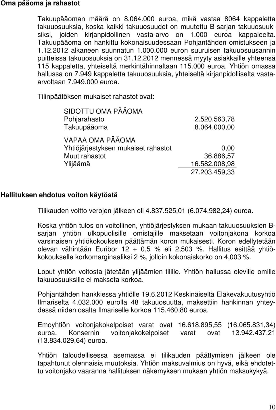 Takuupääoma on hankittu kokonaisuudessaan Pohjantähden omistukseen ja 1.12.2012 alkaneen suunnatun 1.000.000 euron suuruisen takuuosuusannin puitteissa takuuosuuksia on 31.12.2012 mennessä myyty asiakkaille yhteensä 115 kappaletta, yhteiseltä merkintähinnaltaan 115.