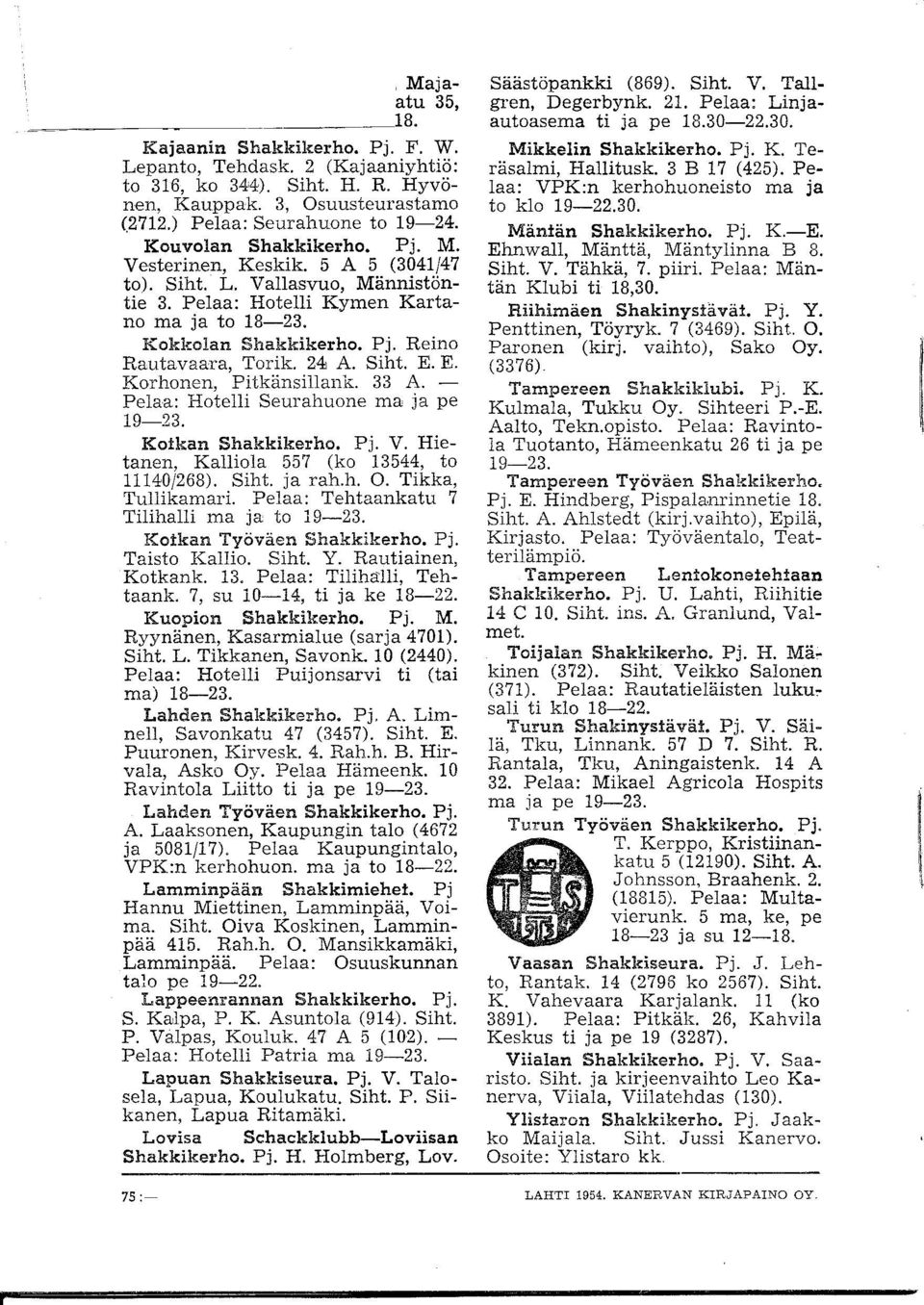 24 A. Siht. E. E. Korhonen, Pitkänsillank. 33 A. - Pelaa: Hotelli Seurahuone ma ja pe 9-23. Koikan Shakkikerho. Pj. V. Hietanen, Kalliola 557 (ko 3544, to 40/268). Siht. ja rah.h. O.