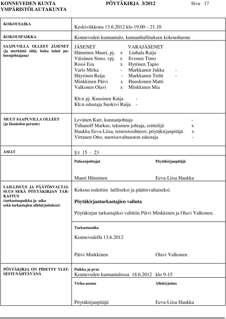 x Iivonen Timo Rossi Esa x Hytönen Tapio Varis Mirka - Markkanen Jukka - Häyrinen Raija - Markkanen Terhi - Minkkinen Päivi x Huuskonen Matti Valkonen Olavi x Minkkinen Mia Kh:n pj.