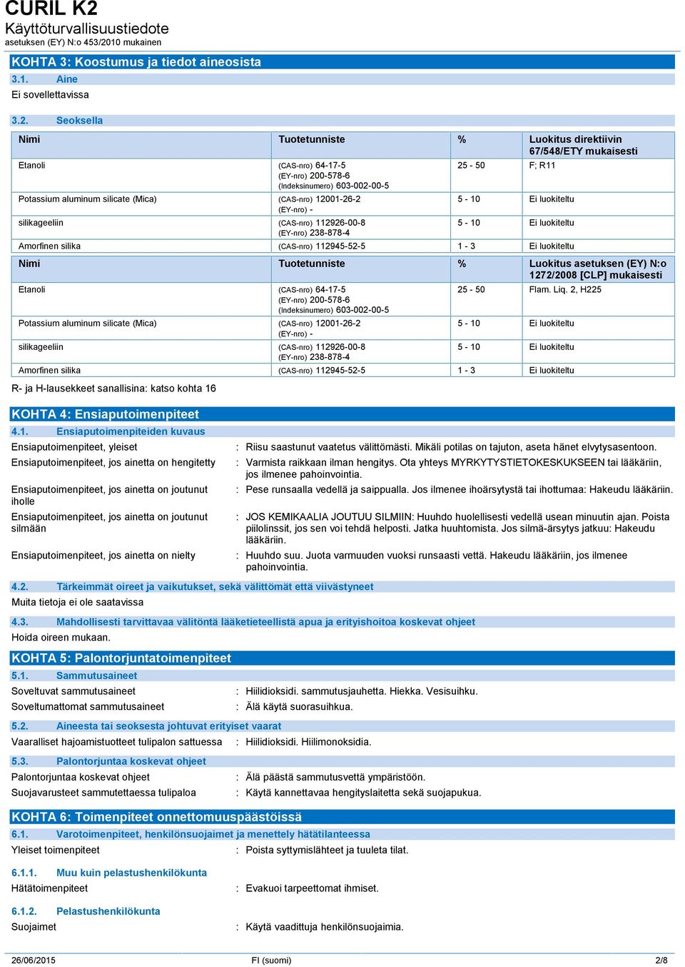 12001-26-2 (EY-nro) - silikageeliin (CAS-nro) 112926-00-8 (EY-nro) 238-878-4 25-50 F; R11 5-10 Ei luokiteltu 5-10 Ei luokiteltu Amorfinen silika (CAS-nro) 112945-52-5 1-3 Ei luokiteltu Nimi