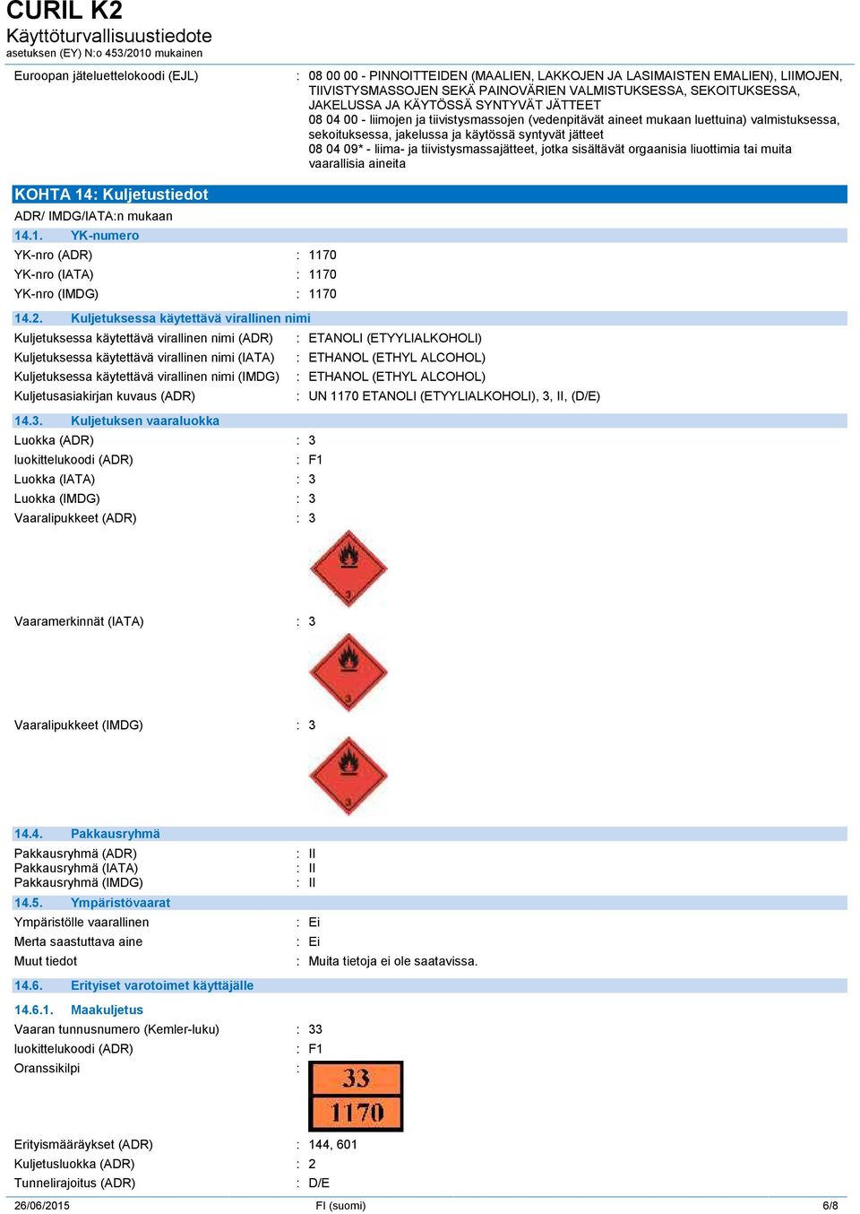 tiivistysmassajätteet, jotka sisältävät orgaanisia liuottimia tai muita vaarallisia aineita KOHTA 14: Kuljetustiedot ADR/ IMDG/IATA:n mukaan 14.1. YK-numero YK-nro (ADR) : 1170 YK-nro (IATA) : 1170 YK-nro (IMDG) : 1170 14.