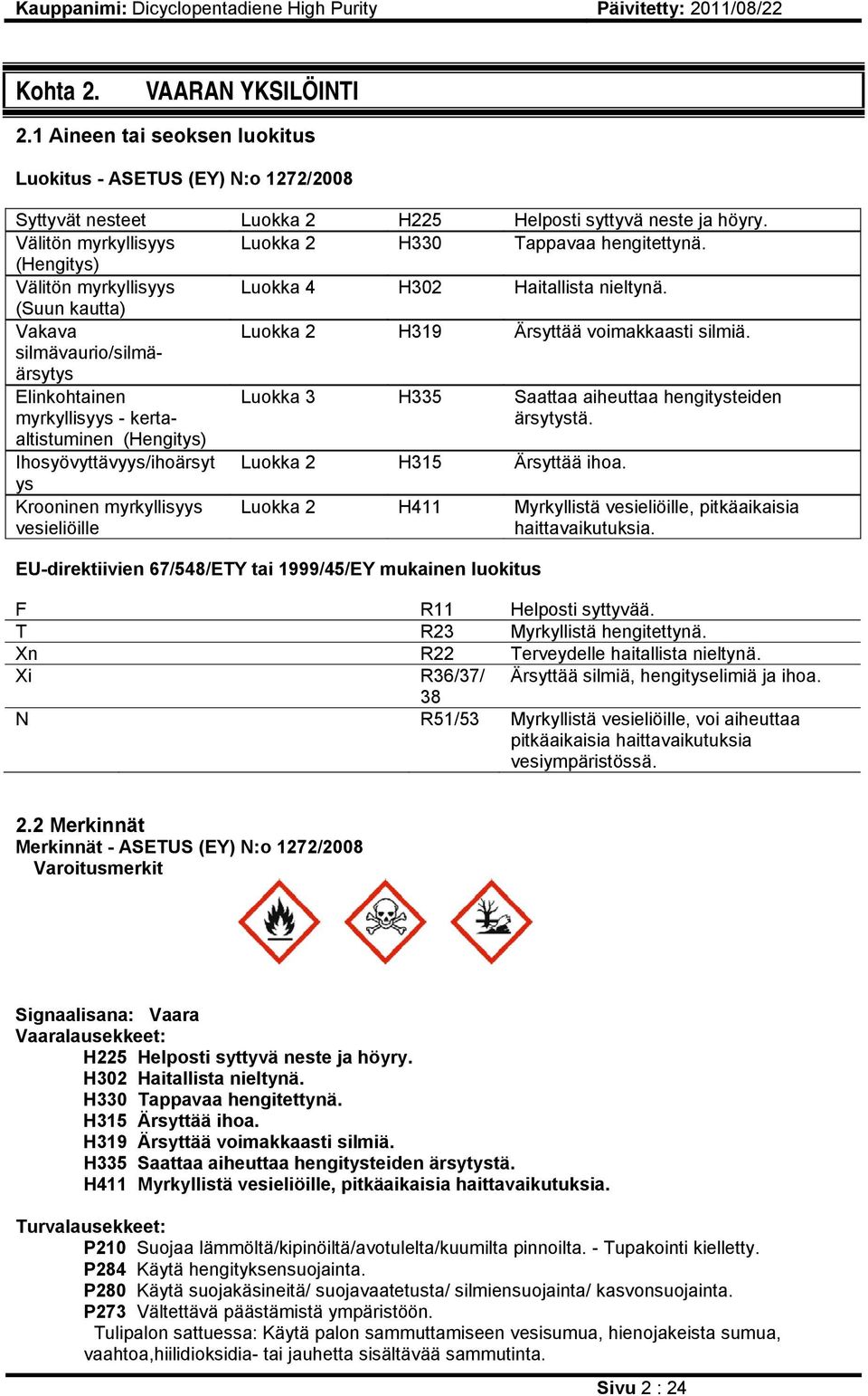 silmävaurio/silmäärsytys Elinkohtainen myrkyllisyys - kertaaltistuminen Luokka 3 H335 Saattaa aiheuttaa hengitysteiden ärsytystä. (Hengitys) Ihosyövyttävyys/ihoärsyt ys Luokka 2 H315 Ärsyttää ihoa.