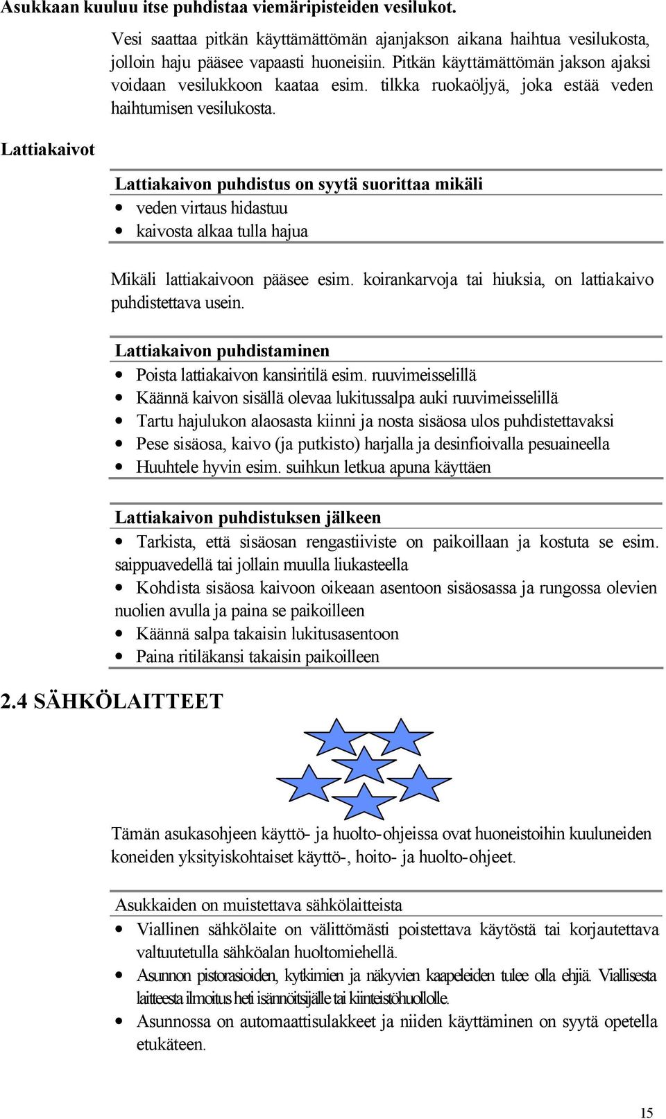 Lattiakaivon puhdistus on syytä suorittaa mikäli veden virtaus hidastuu kaivosta alkaa tulla hajua Mikäli lattiakaivoon pääsee esim. koirankarvoja tai hiuksia, on lattiakaivo puhdistettava usein.