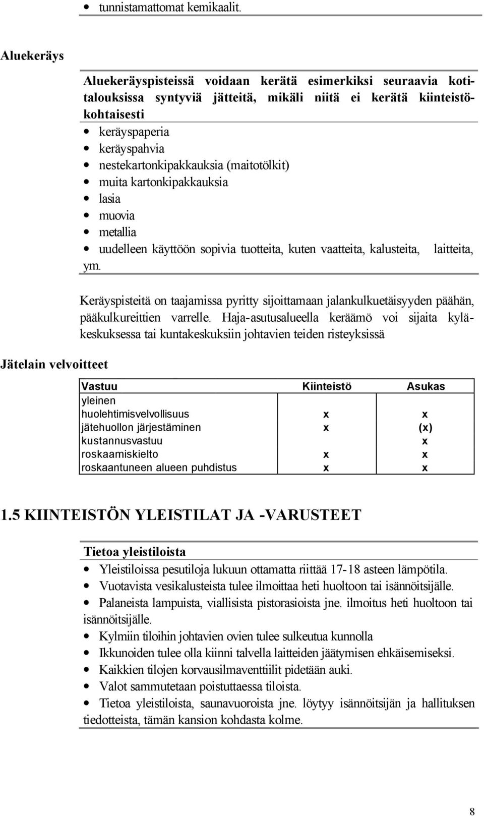 nestekartonkipakkauksia (maitotölkit) muita kartonkipakkauksia lasia muovia metallia uudelleen käyttöön sopivia tuotteita, kuten vaatteita, kalusteita, laitteita, ym.