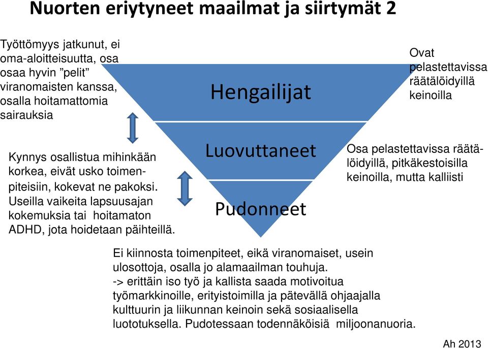 Hengailijat Luovuttaneet Pudonneet Ovat pelastettavissa räätälöidyillä keinoilla Osa pelastettavissa räätälöidyillä, pitkäkestoisilla keinoilla, mutta kalliisti Ei kiinnosta toimenpiteet, eikä