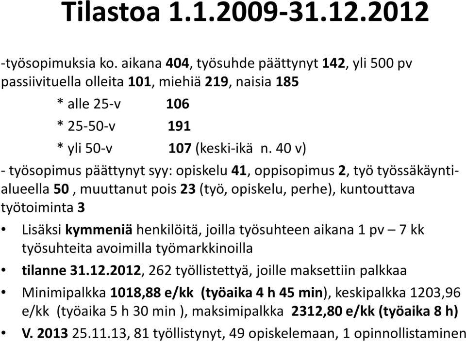 40 v) - työsopimus päättynyt syy: opiskelu 41, oppisopimus 2, työ työssäkäyntialueella 50, muuttanut pois 23 (työ, opiskelu, perhe), kuntouttava työtoiminta 3 Lisäksi kymmeniä