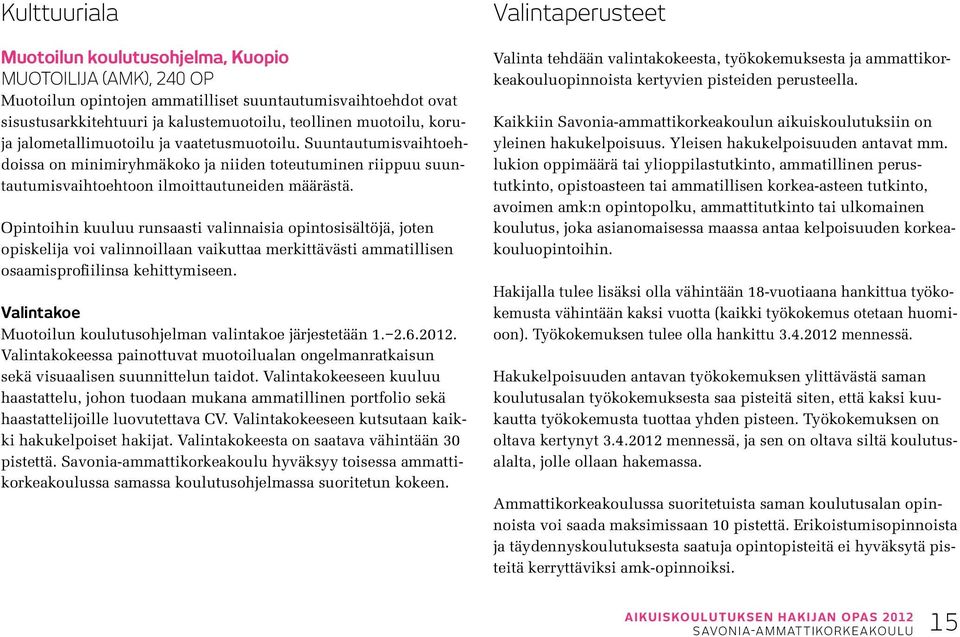 Opintoihin kuuluu runsaasti valinnaisia opintosisältöjä, joten opiskelija voi valinnoillaan vaikuttaa merkittävästi ammatillisen osaamisprofiilinsa kehittymiseen.