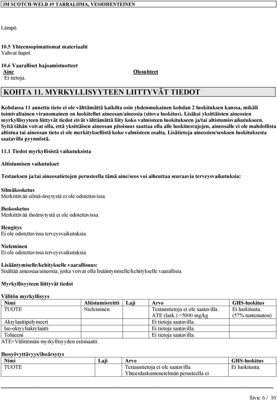 aineosan/aineosia (sitova luokitus). Lisäksi yksittäisten aineosien myrkyllisyyteen liittyvät tiedot eivät välttämättä liity koko valmisteen luokitukseen ja/tai altistumisvaikutukseen.