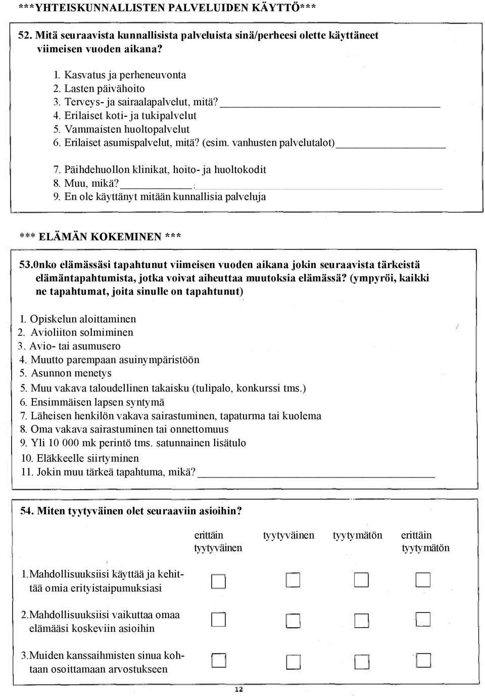 Päihdehuollon klinikat, hoito- ja huoltokodit 8. Muu, mikä? ; 9. En ole käyttänyt mitään kunnallisia palveluja *** ELÄMÄN KOKEMINEN *** 53.