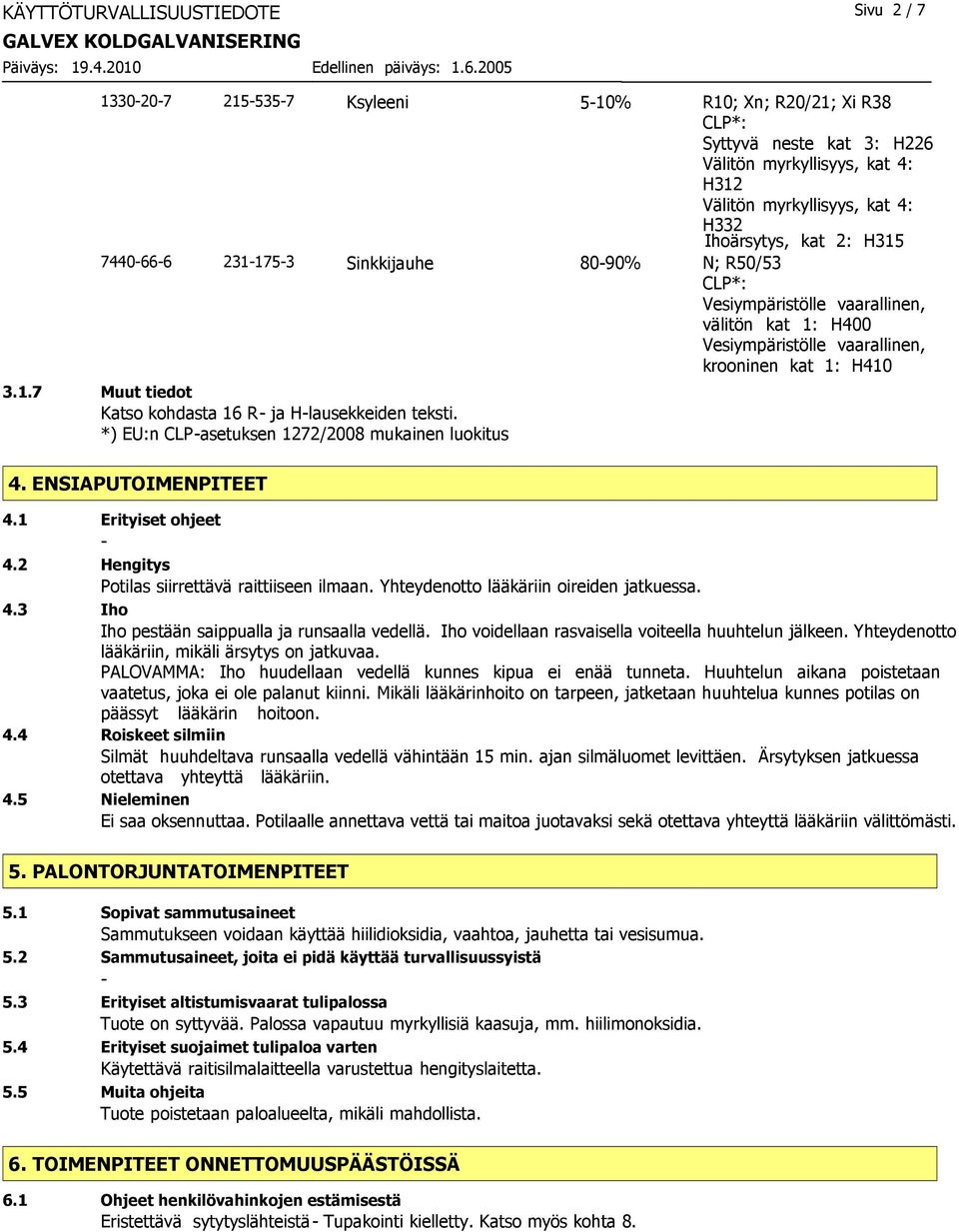 *) EU:n CLP asetuksen 1272/2008 mukainen luokitus 4. ENSIAPUTOIMENPITEET 4.1 Erityiset ohjeet 4.2 Hengitys Potilas siirrettävä raittiiseen ilmaan. Yhteydenotto lääkäriin oireiden jatkuessa. 4.3 Iho Iho pestään saippualla ja runsaalla vedellä.