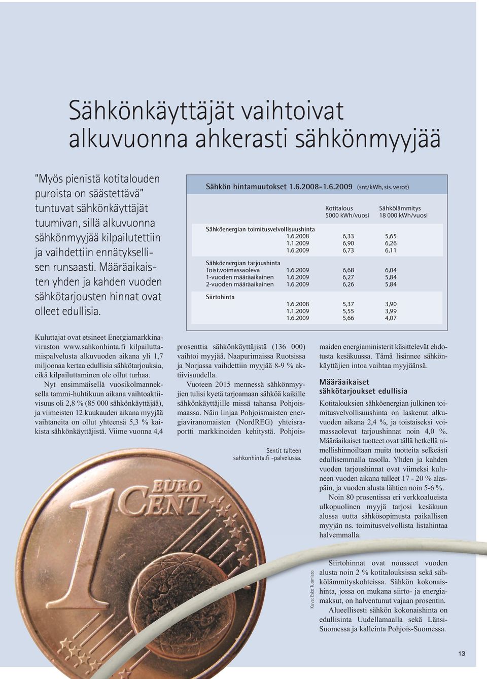 verot) Kotitalous Sähkölämmitys 5000 kwh/vuosi 18 000 kwh/vuosi Sähköenergian toimitusvelvollisuushinta 1.6.2008 6,33 5,65 1.1.2009 6,90 6,26 1.6.2009 6,73 6,11 Sähköenergian tarjoushinta Toist.