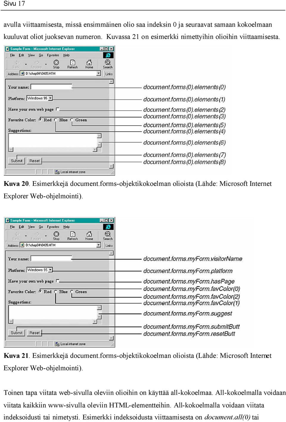 Kuva 21. Esimerkkejä document.forms-objektikokoelman olioista (Lähde: Microsoft Internet Explorer Web-ohjelmointi).