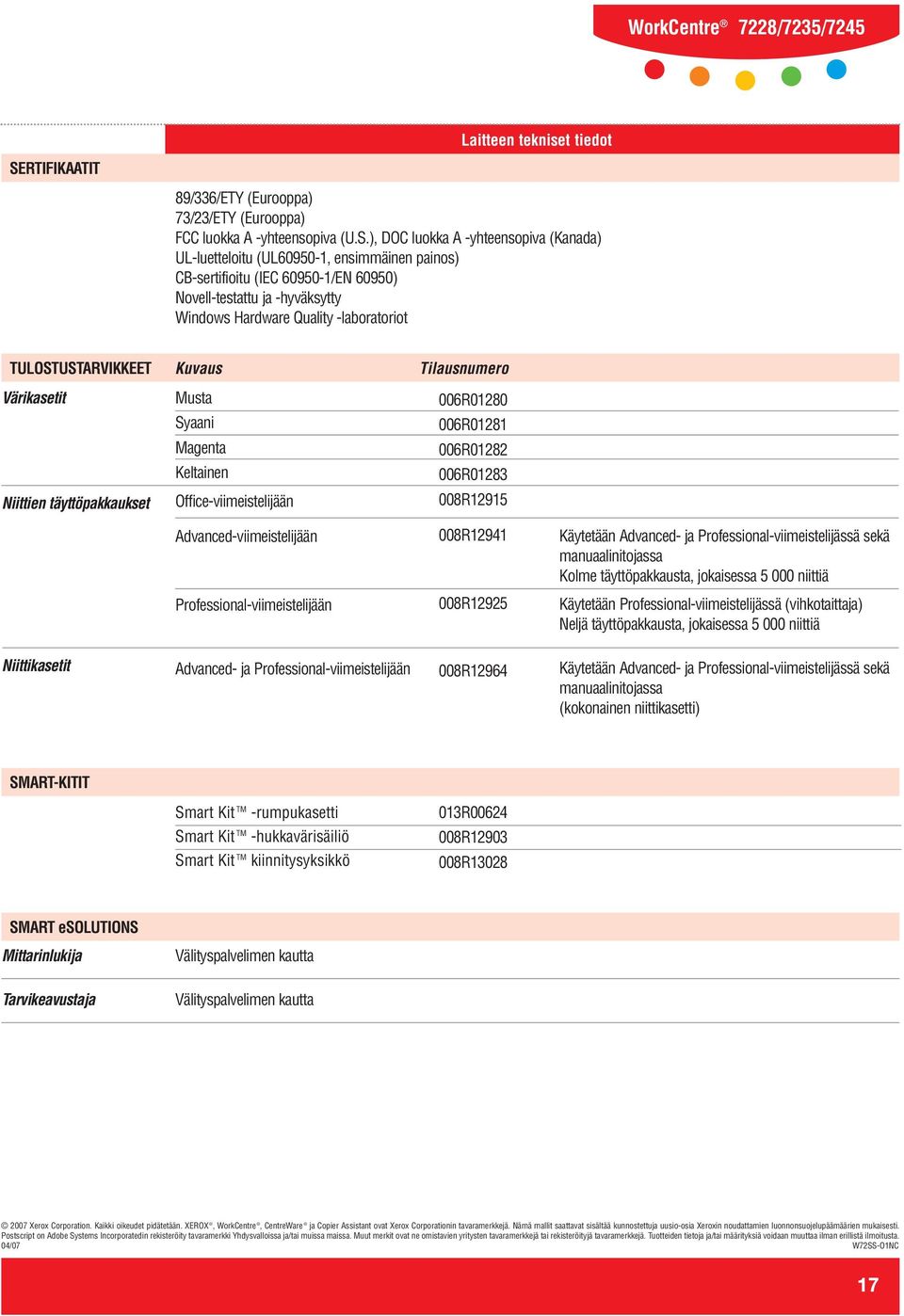 ), DOC luokka A -yhteensopiva (Kanada) UL-luetteloitu (UL60950-1, ensimmäinen painos) CB-sertifioitu (IEC 60950-1/EN 60950) Novell-testattu ja -hyväksytty Windows Hardware Quality -laboratoriot