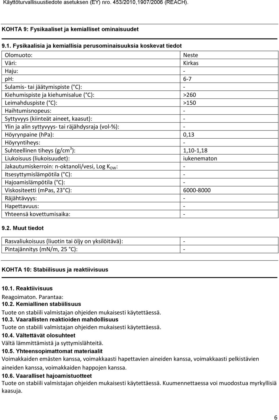 >150 Haihtumisnopeus: Syttyvyys (kiinteät aineet, kaasut): Ylin ja alin syttyvyys tai räjähdysraja (vol%): Höyrynpaine (hpa): 0,13 Höyryntiheys: Suhteellinen tiheys (g/cm 3 ): 1,101,18 Liukoisuus