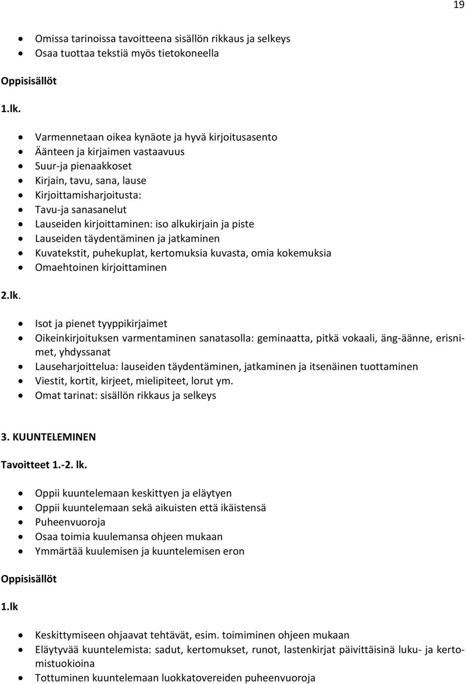 Varmennetaan oikea kynäote ja hyvä kirjoitusasento Äänteen ja kirjaimen vastaavuus Suur-ja pienaakkoset Kirjain, tavu, sana, lause Kirjoittamisharjoitusta: Tavu-ja sanasanelut Lauseiden