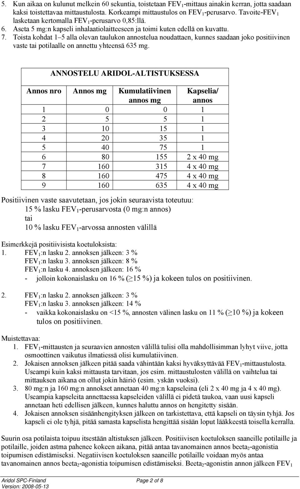 Toista kohdat 1 5 alla olevan taulukon annostelua noudattaen, kunnes saadaan joko positiivinen vaste tai potilaalle on annettu yhteensä 635 mg.