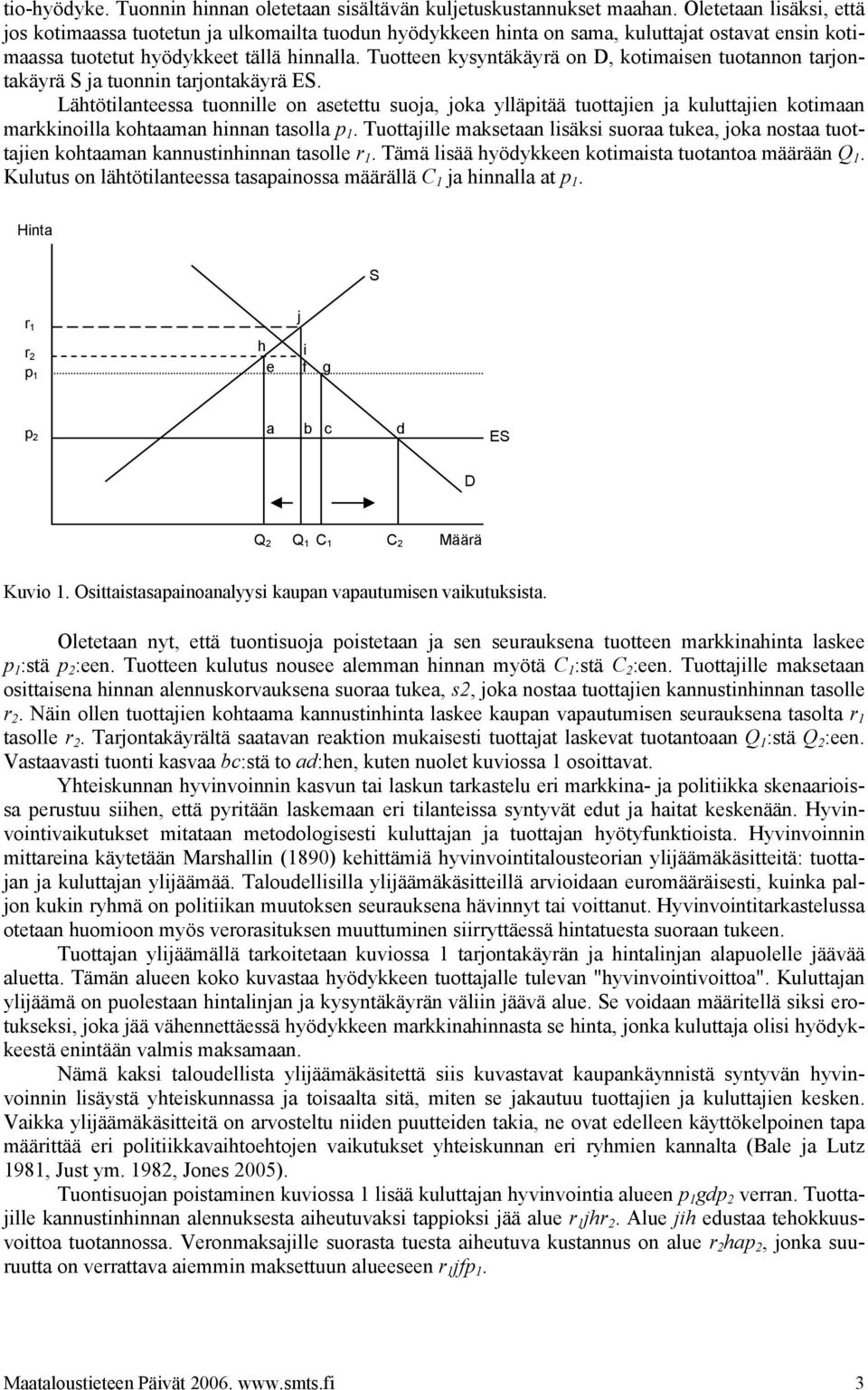 Tuotteen kysyntäkäyrä on D, kotimaisen tuotannon tarjontakäyrä S ja tuonnin tarjontakäyrä ES.