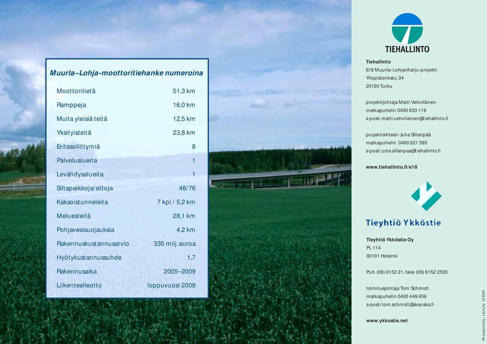 fi Yksityisteitä 23,8 km Eritasoliittymiä 8 Palvelualueita 1 Levähdysalueita 1 projektisihteeri Juha Sillanpää matkapuhelin 0400 821 593 s-posti juha.sillanpaa@tiehallinto.