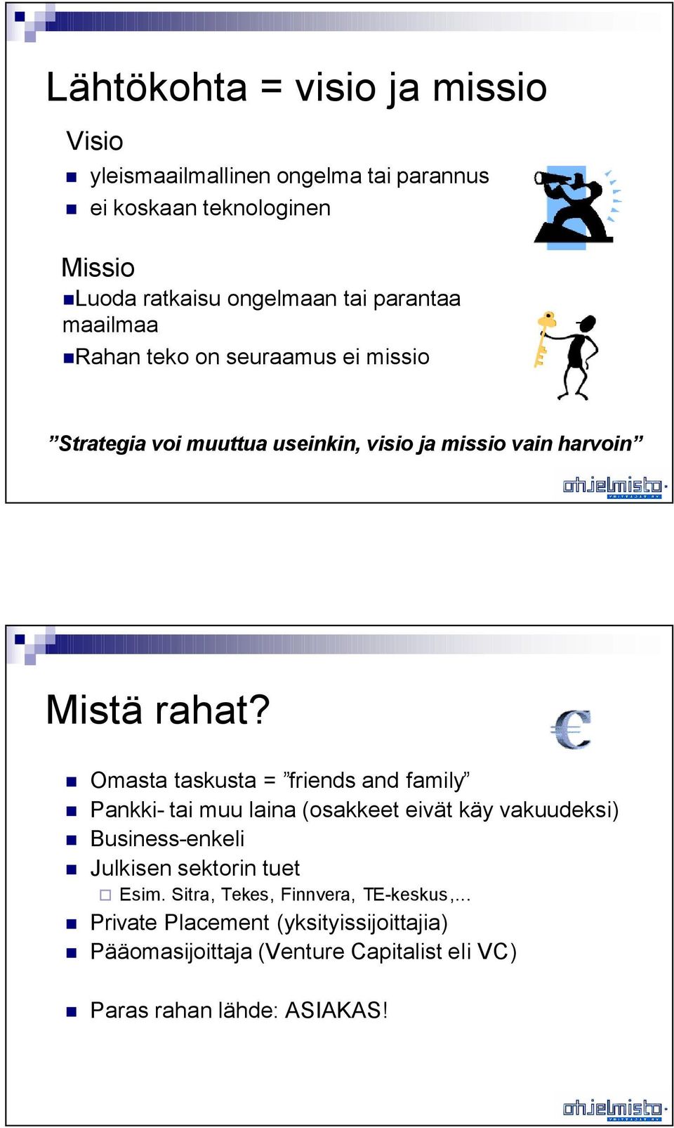 Omasta taskusta = friends and family Pankki- tai muu laina (osakkeet eivät käy vakuudeksi) Business-enkeli Julkisen sektorin tuet Esim.