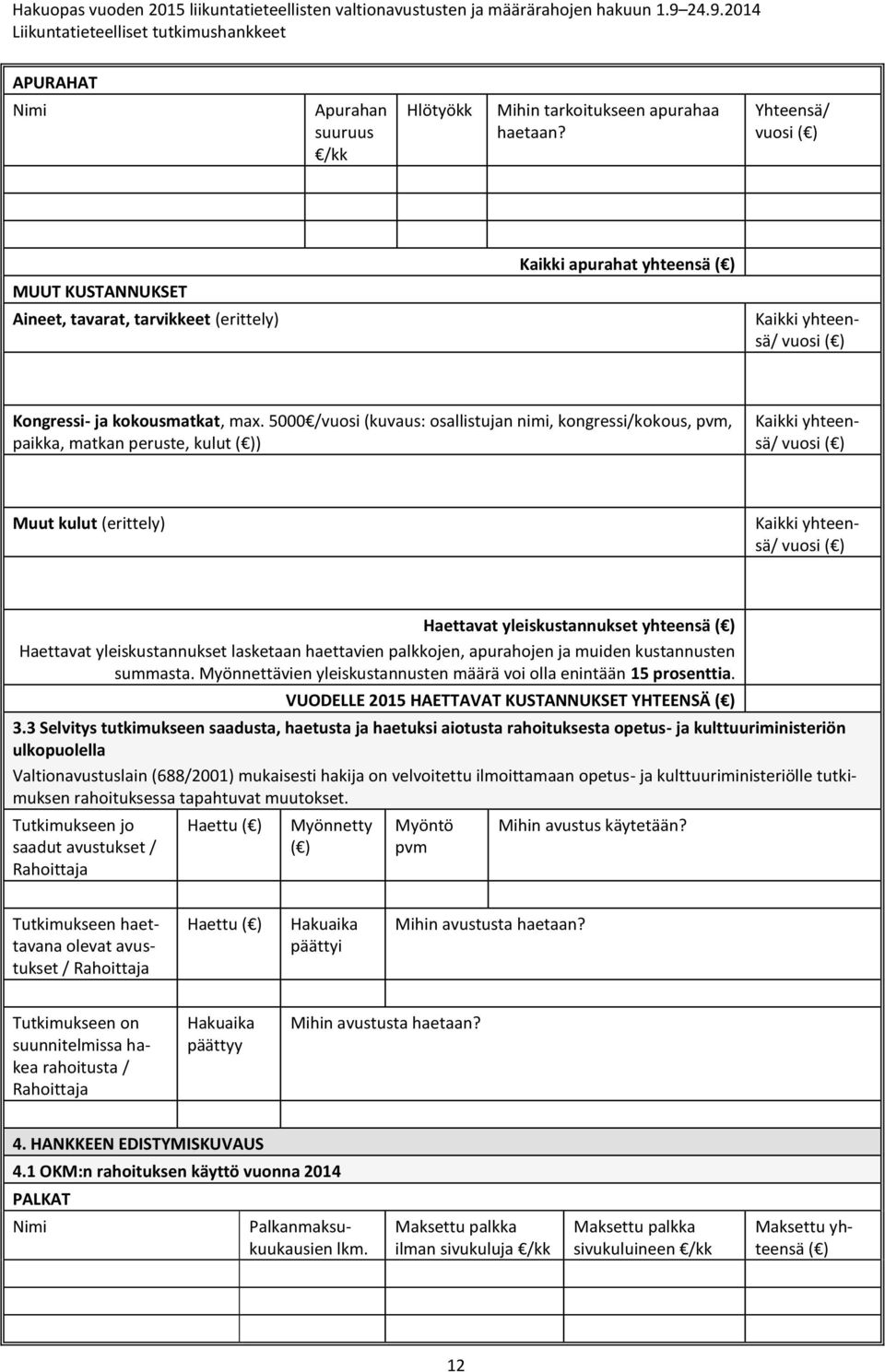 5000 /vuosi (kuvaus: osallistujan nimi, kongressi/kokous, pvm, paikka, matkan peruste, kulut ( )) Kaikki yhteensä/ Muut kulut (erittely) Kaikki yhteensä/ Haettavat yleiskustannukset yhteensä ( )