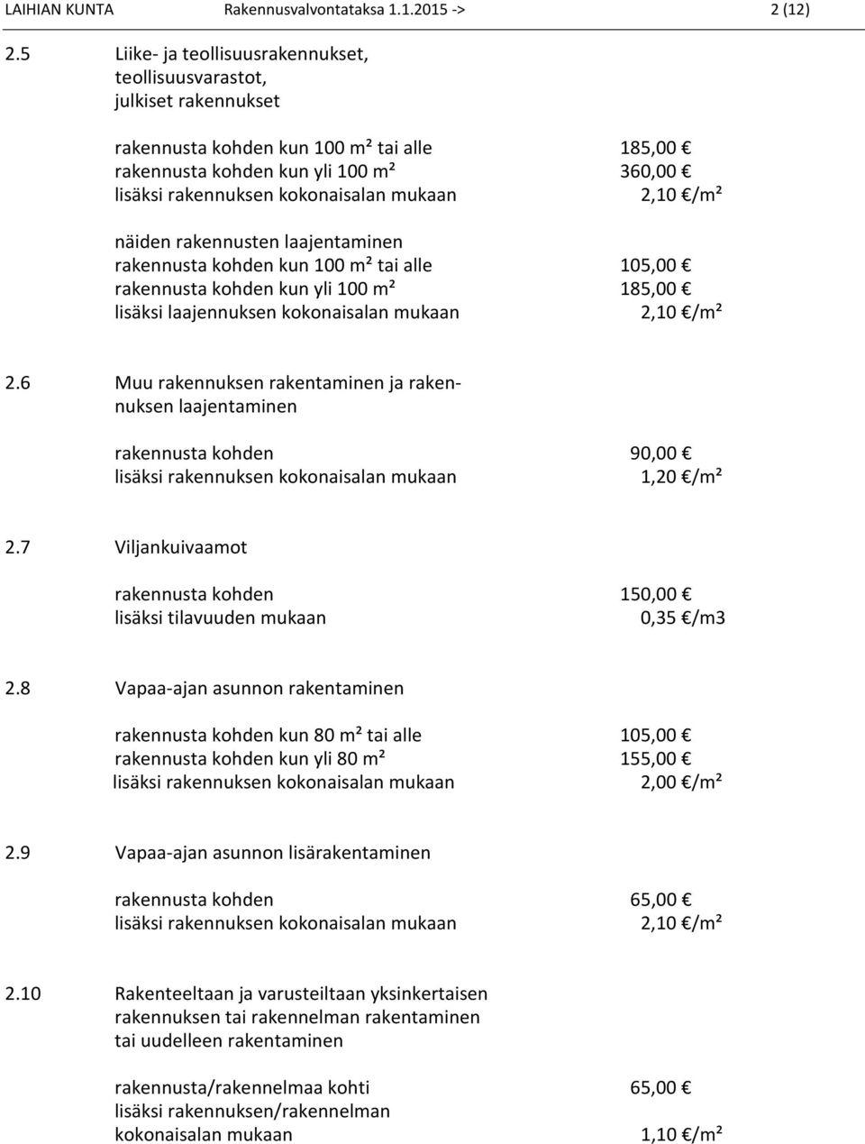 mukaan 2,10 /m² näiden rakennusten laajentaminen rakennusta kohden kun 100 m² tai alle 105,00 rakennusta kohden kun yli 100 m² 185,00 lisäksi laajennuksen kokonaisalan mukaan 2,10 /m² 2.