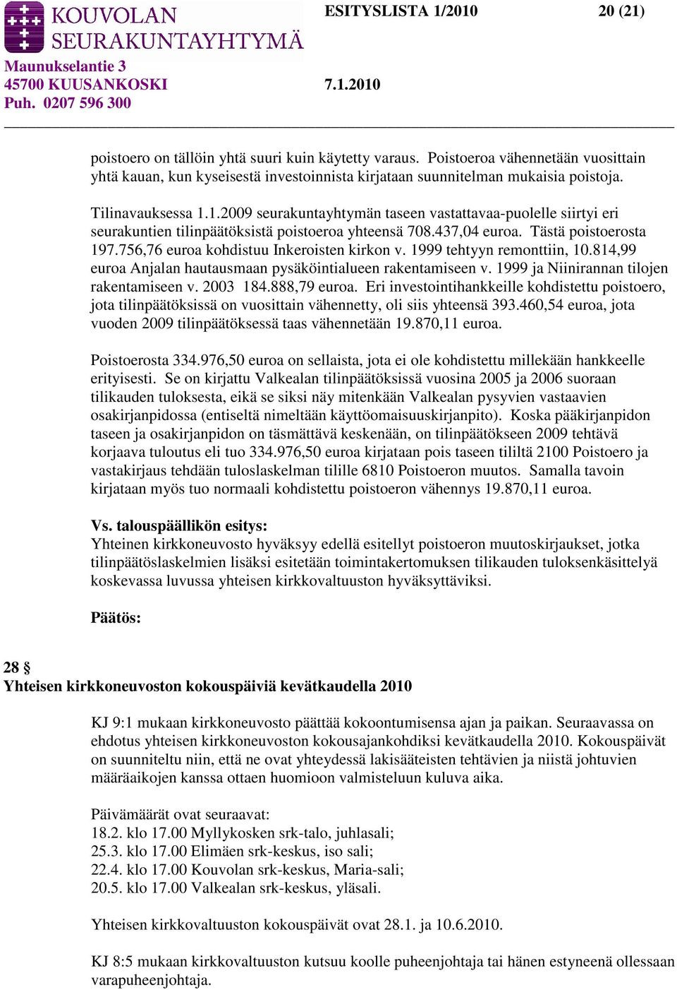 756,76 euroa kohdistuu Inkeroisten kirkon v. 1999 tehtyyn remonttiin, 10.814,99 euroa Anjalan hautausmaan pysäköintialueen rakentamiseen v. 1999 ja Niinirannan tilojen rakentamiseen v. 2003 184.