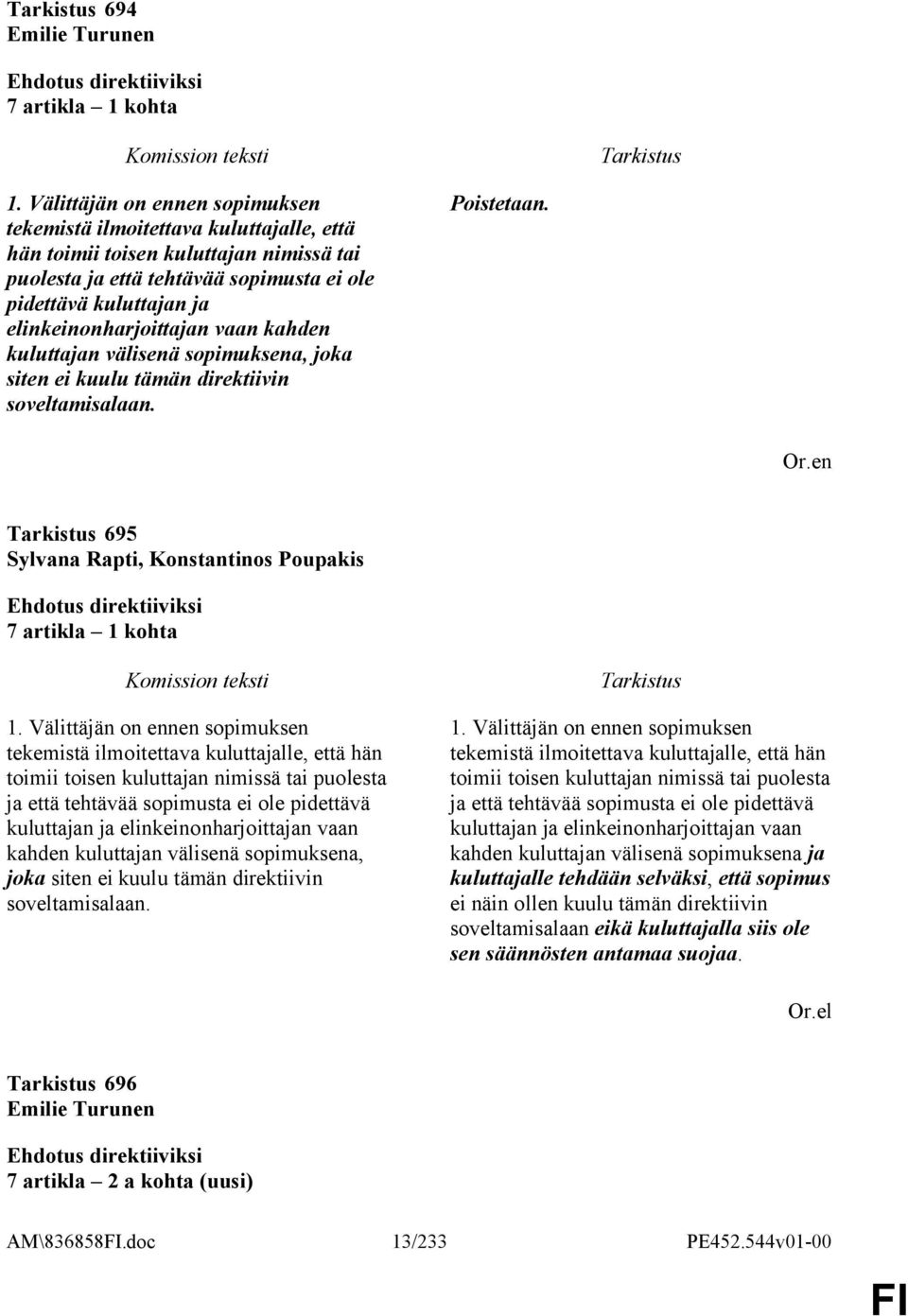 elinkeinonharjoittajan vaan kahden kuluttajan välisenä sopimuksena, joka siten ei kuulu tämän direktiivin soveltamisalaan. Poistetaan. 695 Sylvana Rapti, Konstantinos Poupakis 7 artikla 1 kohta 1.