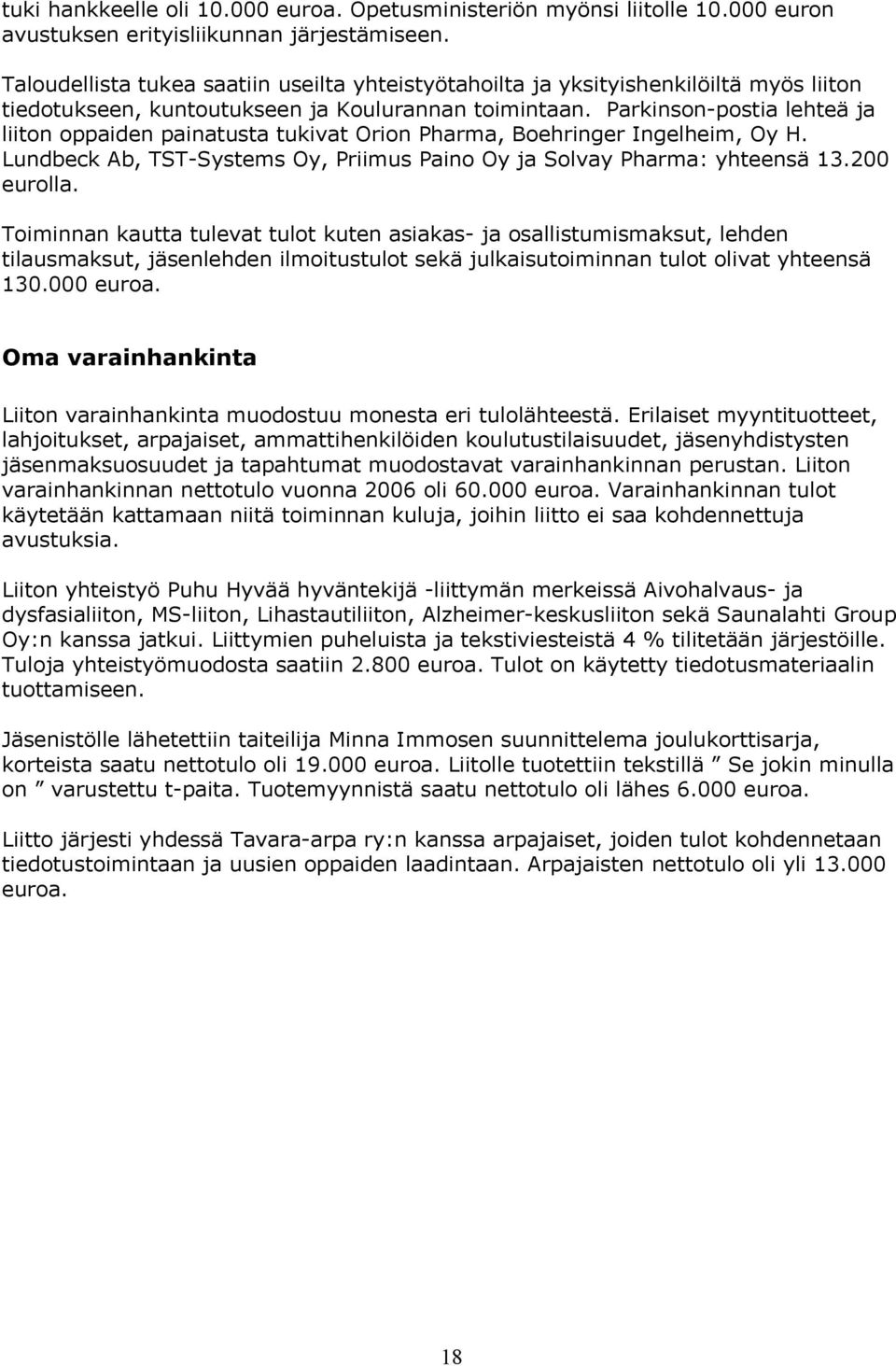 Parkinson-postia lehteä ja liiton oppaiden painatusta tukivat Orion Pharma, Boehringer Ingelheim, Oy H. Lundbeck Ab, TST-Systems Oy, Priimus Paino Oy ja Solvay Pharma: yhteensä 13.200 eurolla.