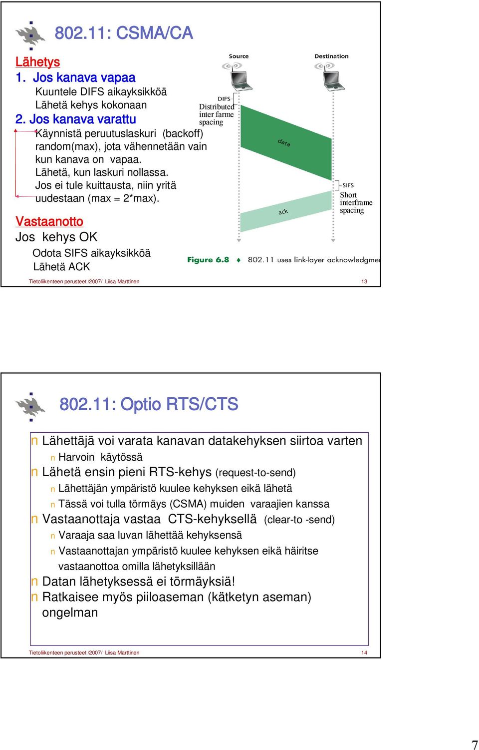 Vastaanotto Jos kehys OK Odota SIFS aikayksikköä Lähetä ACK Distributed inter farme spacing Short interframe spacing Tietoliikenteen perusteet /2007/ Liisa Marttinen 13 802.