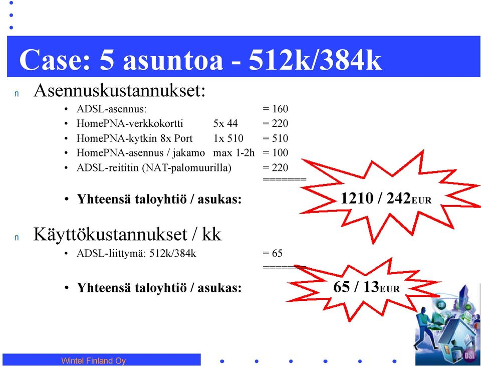 (NAT-palomuurilla) = 220 ======= Yhteesä taloyhtiö / asukas: Käyttökustaukset / kk