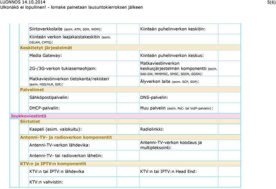 valokuitu): Antenni-TV- ja radioverkon komponentit Antenni-TV-verkon lähdevika: Kiinteän puhelinverkon keskitin: Kiinteän puhelinverkon keskus: Matkaviestinverkon keskusjärjestelmän komponentti (esim.