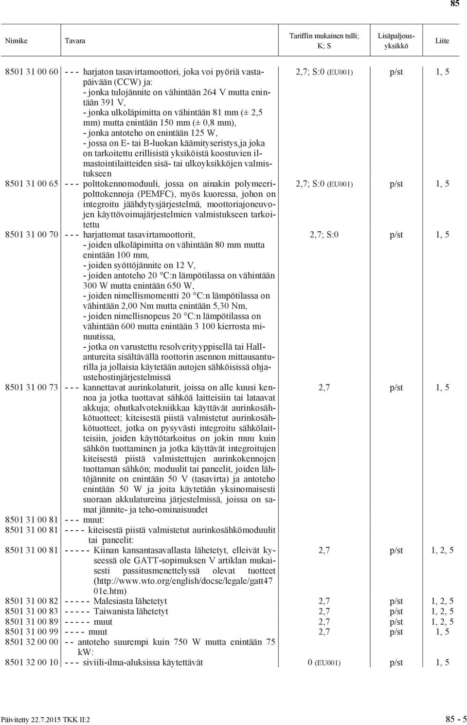 ilmastointilaitteiden sisä- tai ulkoyksikköjen valmistukseen 8501 31 00 65 - - - polttokennomoduuli, jossa on ainakin polymeeripolttokennoja 2,7; S:0 (EU001) p/st 1, 5 (PEMFC), myös kuoressa, johon