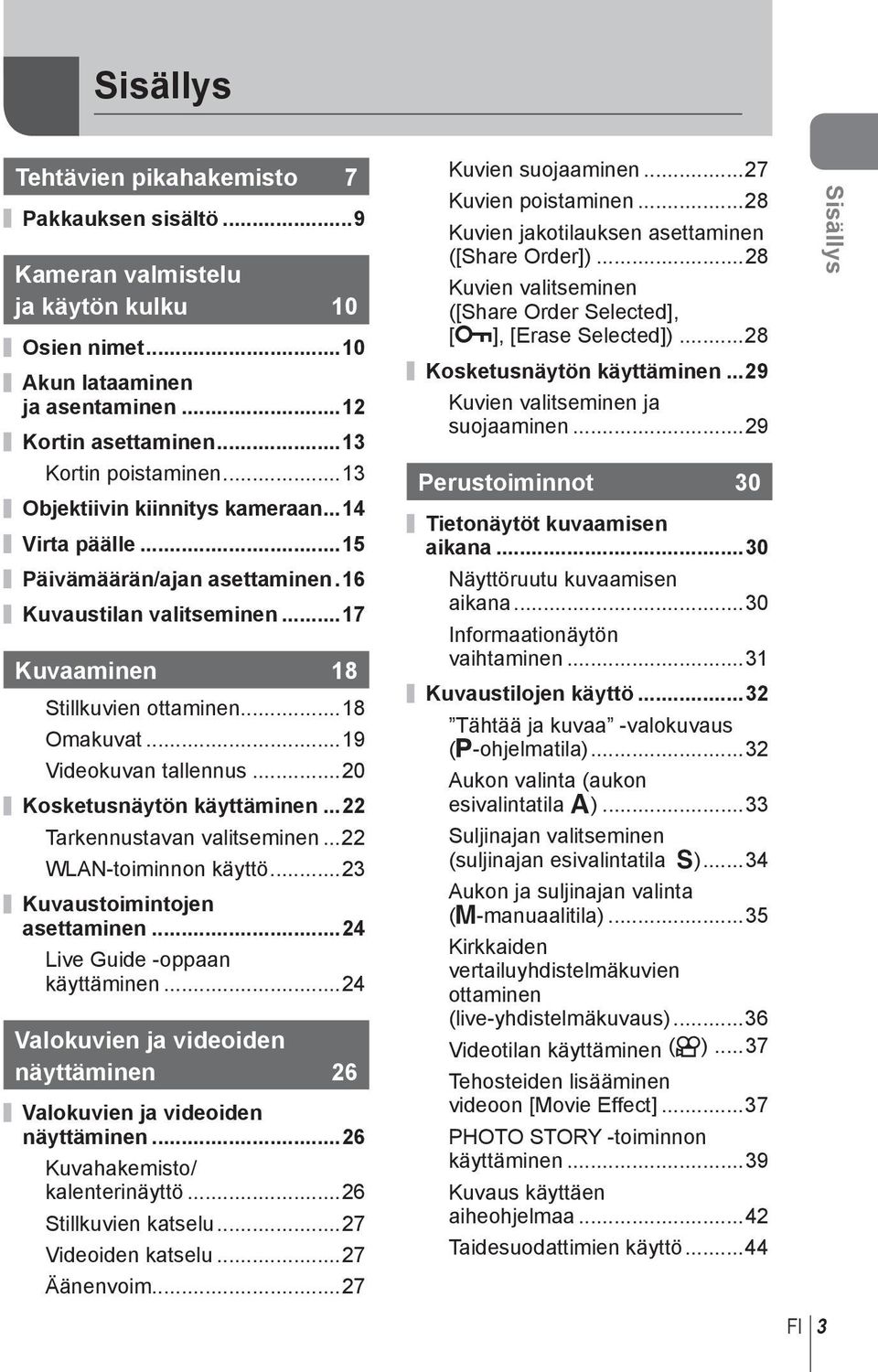 ..20 Kosketusnäytön käyttäminen...22 Tarkennustavan valitseminen...22 WLAN-toiminnon käyttö...23 Kuvaustoimintojen asettaminen...24 Live Guide -oppaan käyttäminen.