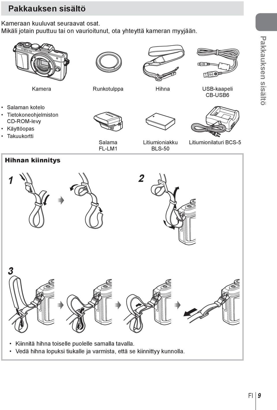 Salaman kotelo Tietokoneohjelmiston CD-ROM-levy Käyttöopas Takuukortti Kamera Runkotulppa Hihna USB-kaapeli CB-USB6