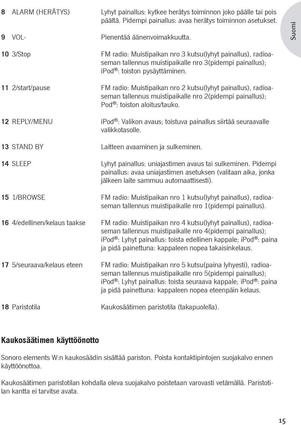 11 2/start/pause FM radio: Muistipaikan nro 2 kutsu(lyhyt painallus), radioaseman tallennus muistipaikalle nro 2(pidempi painallus); Pod : toiston aloitus/tauko.