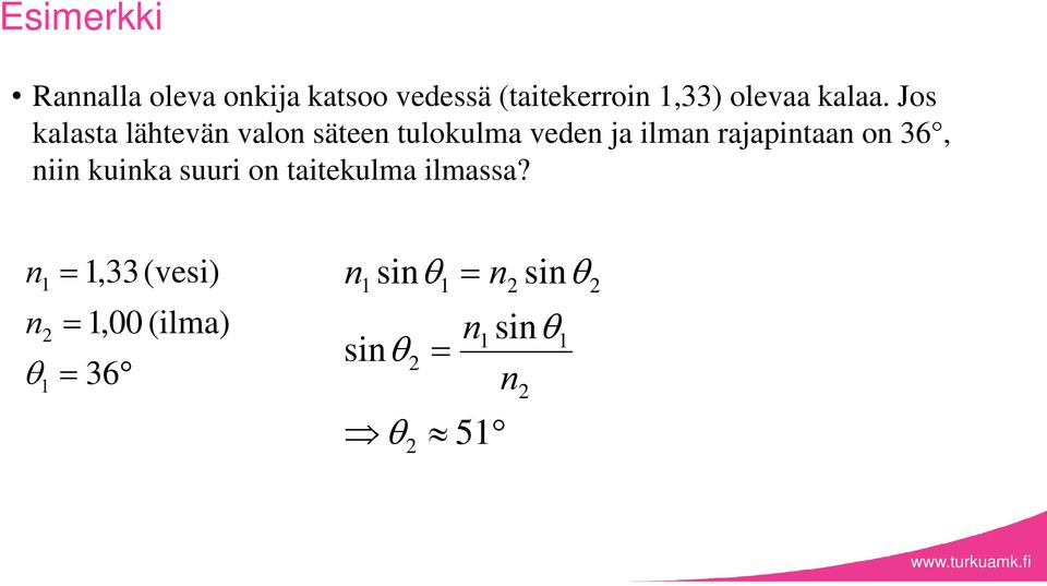 Jos kalasta lähtevä valo sätee tulokulma vede ja ilma