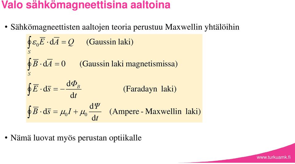 (Gaussi laki magetismissa) dφb E ds dt (Faraday laki) dψ B ds