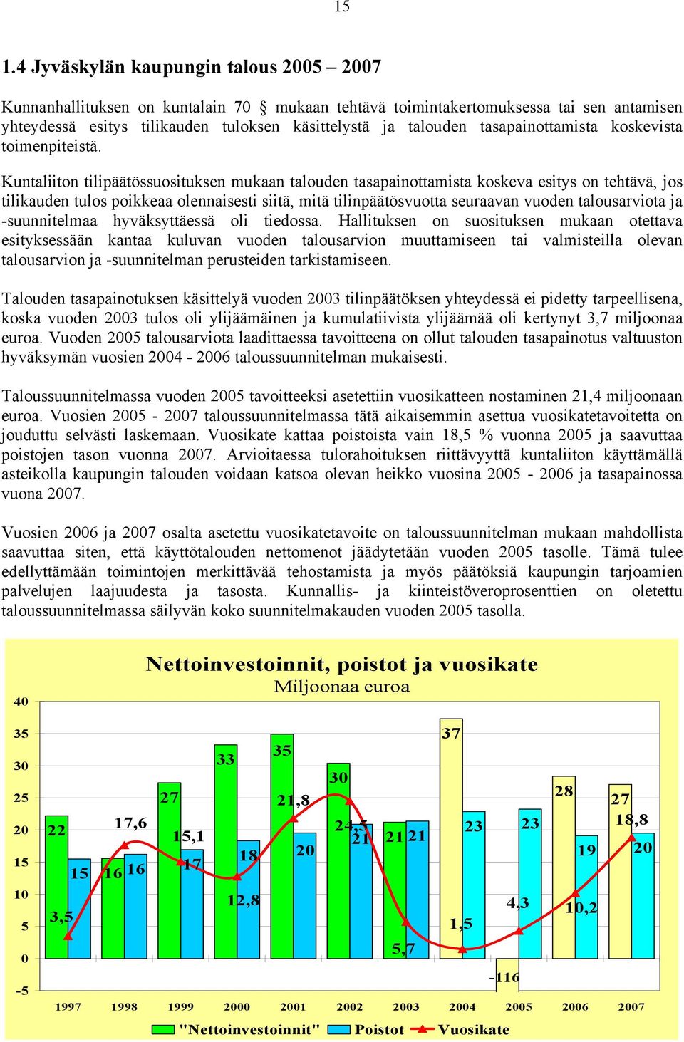 Kuntaliiton tilipäätössuosituksen mukaan talouden tasapainottamista koskeva esitys on tehtävä, jos tilikauden tulos poikkeaa olennaisesti siitä, mitä tilinpäätösvuotta seuraavan vuoden talousarviota