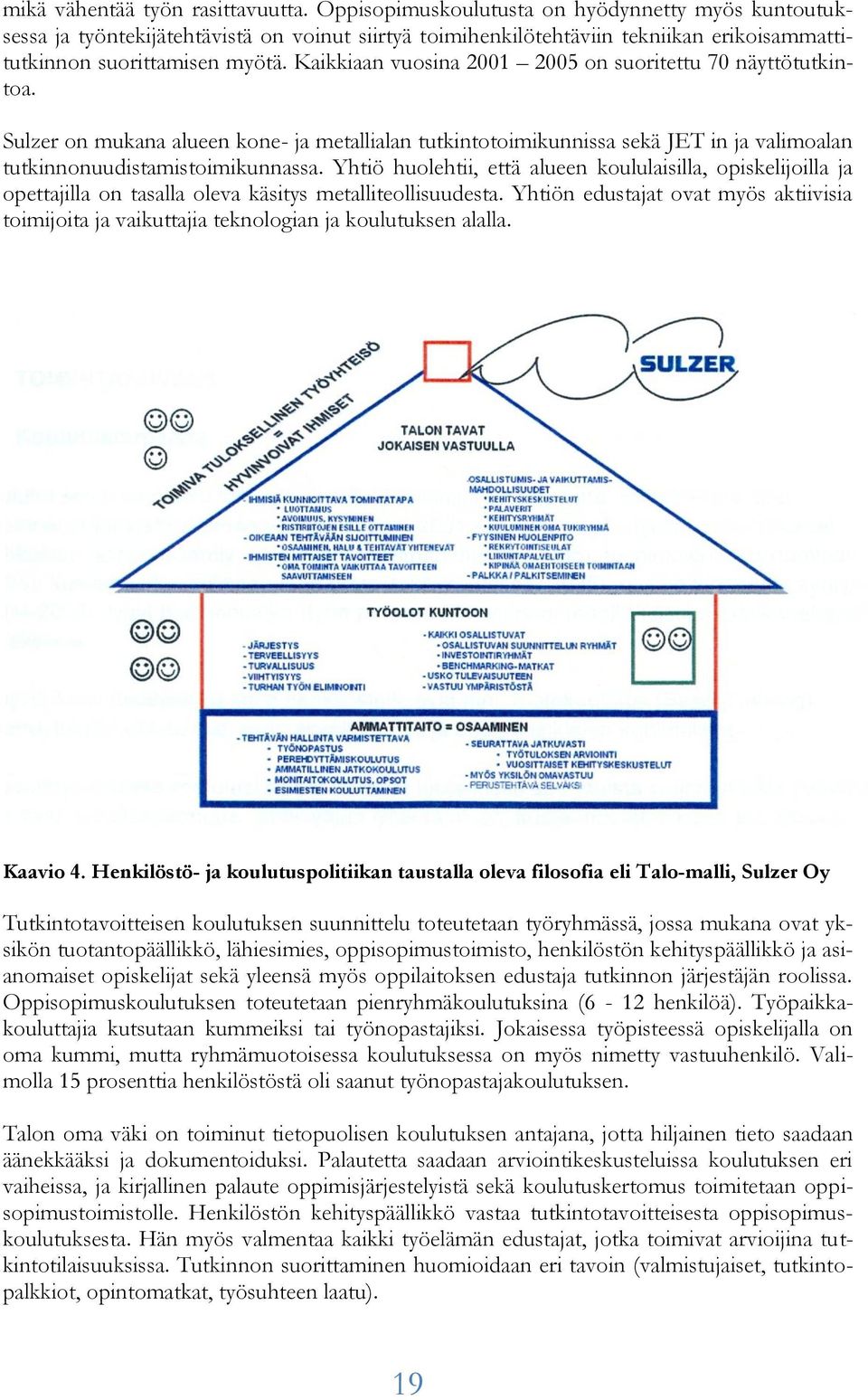 Kaikkiaan vuosina 2001 2005 on suoritettu 70 näyttötutkintoa. Sulzer on mukana alueen kone- ja metallialan tutkintotoimikunnissa sekä JET in ja valimoalan tutkinnonuudistamistoimikunnassa.