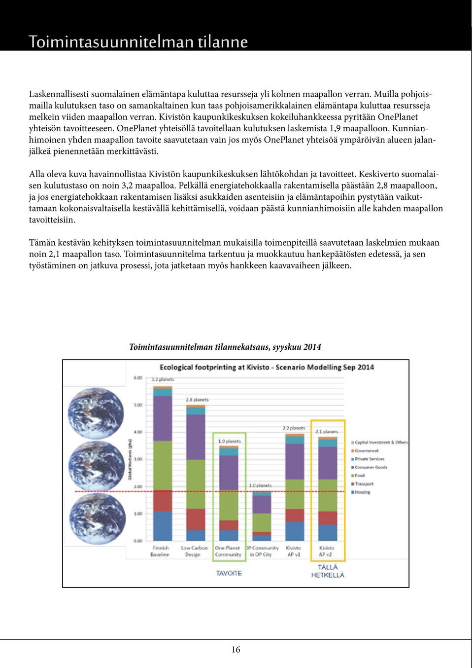 Kivistön kaupunkikeskuksen kokeiluhankkeessa pyritään OnePlanet yhteisön tavoitteeseen. OnePlanet yhteisöllä tavoitellaan kulutuksen laskemista 1,9 maapalloon.