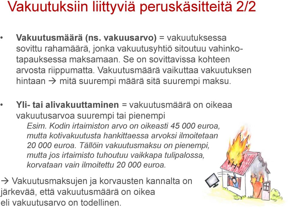 Yli- tai alivakuuttaminen = vakuutusmäärä on oikeaa vakuutusarvoa suurempi tai pienempi Esim.