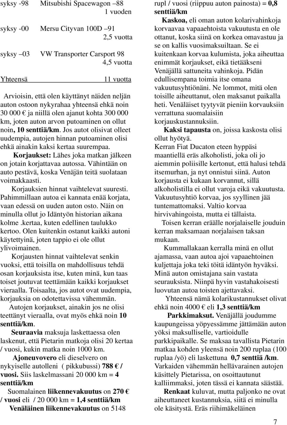 Jos autot olisivat olleet uudempia, autojen hinnan putoaminen olisi ehkä ainakin kaksi kertaa suurempaa. Korjaukset: Lähes joka matkan jälkeen on jotain korjattavaa autossa.
