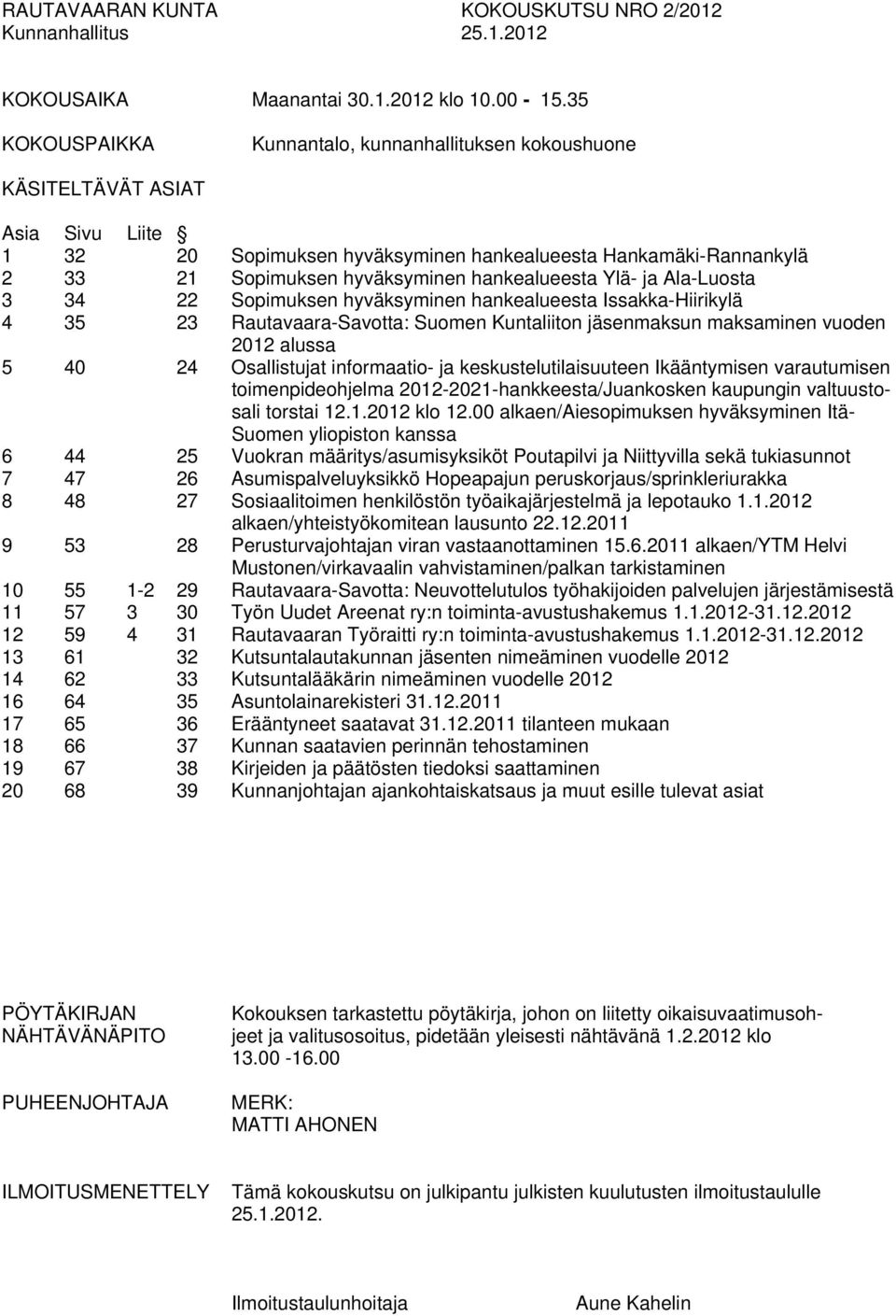 hankealueesta Ylä- ja Ala-Luosta 3 34 22 Sopimuksen hyväksyminen hankealueesta Issakka-Hiirikylä 4 35 23 Rautavaara-Savotta: Suomen Kuntaliiton jäsenmaksun maksaminen vuoden 2012 alussa 5 40 24