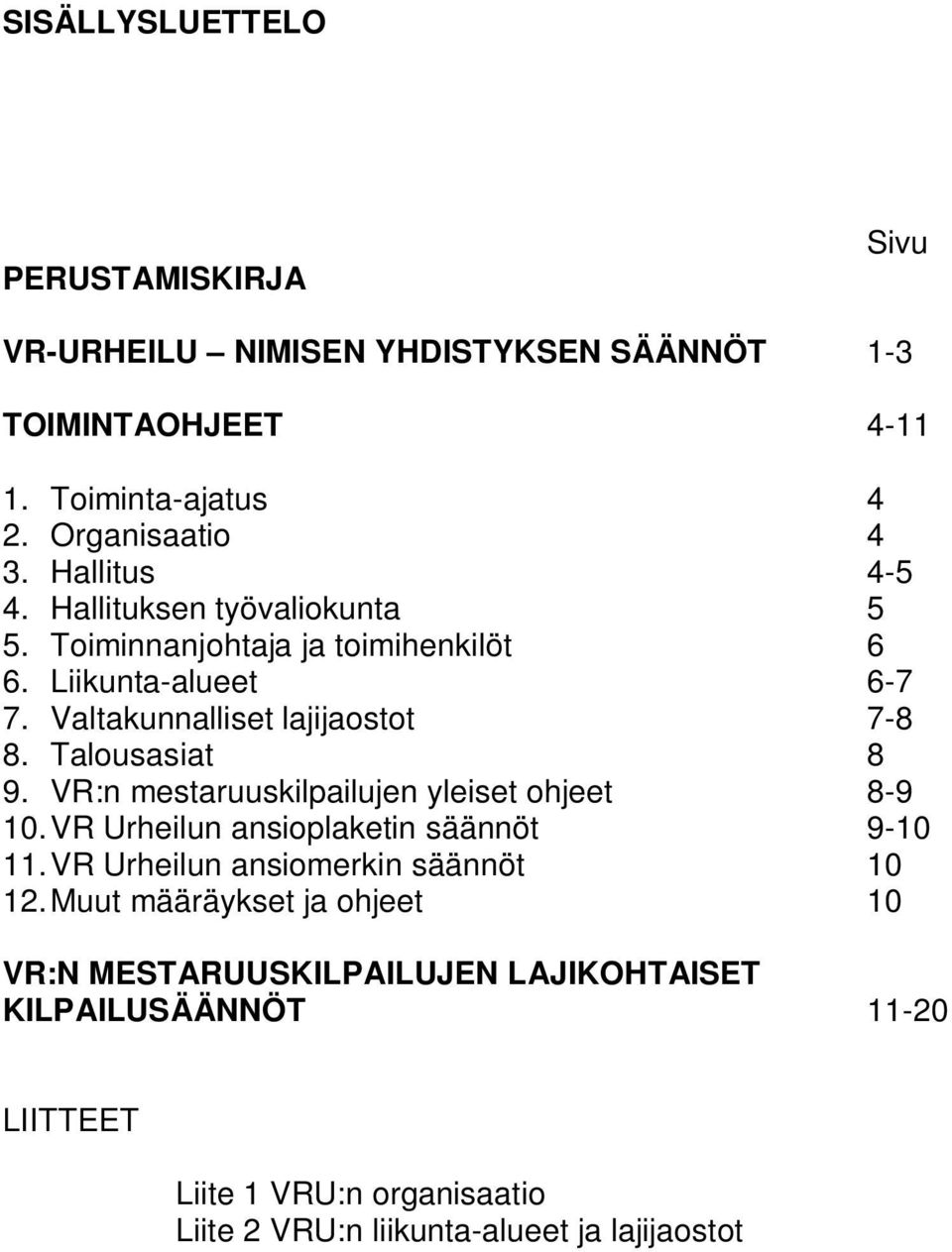 Talousasiat 8 9. VR:n mestaruuskilpailujen yleiset ohjeet 8-9 10. VR Urheilun ansioplaketin säännöt 9-10 11. VR Urheilun ansiomerkin säännöt 10 12.