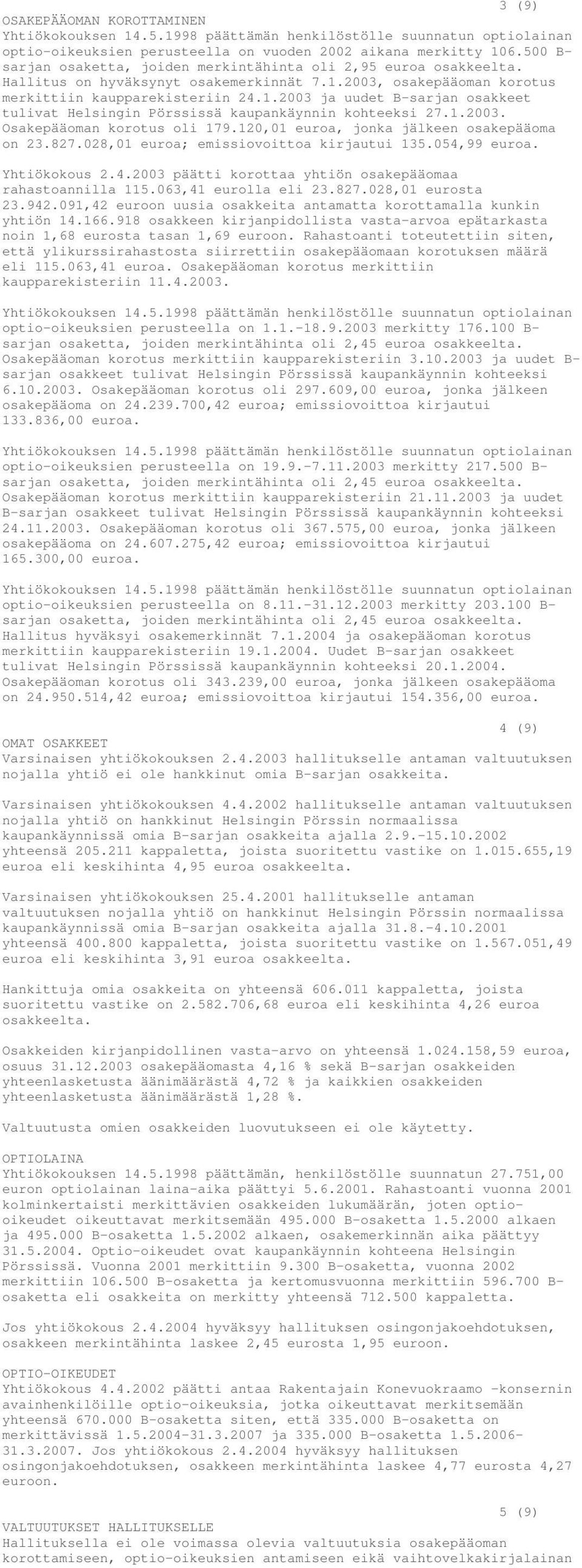 120,01 euroa, jonka jälkeen osakepääoma on 23.827.028,01 euroa; emissiovoittoa kirjautui 135.054,99 euroa. Yhtiökokous 2.4.2003 päätti korottaa yhtiön osakepääomaa rahastoannilla 115.