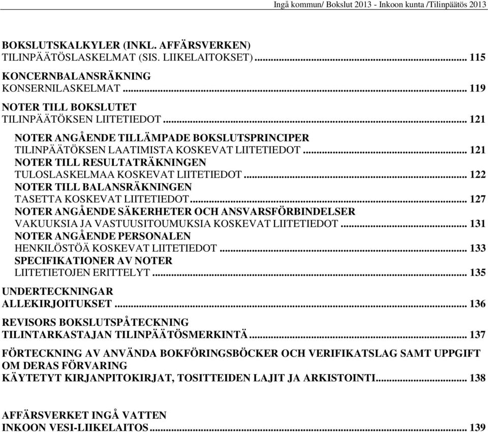 .. 122 NOTER TILL BALANSRÄKNINGEN TASETTA KOSKEVAT LIITETIEDOT... 127 NOTER ANGÅENDE SÄKERHETER OCH ANSVARSFÖRBINDELSER VAKUUKSIA JA VASTUUSITOUMUKSIA KOSKEVAT LIITETIEDOT.