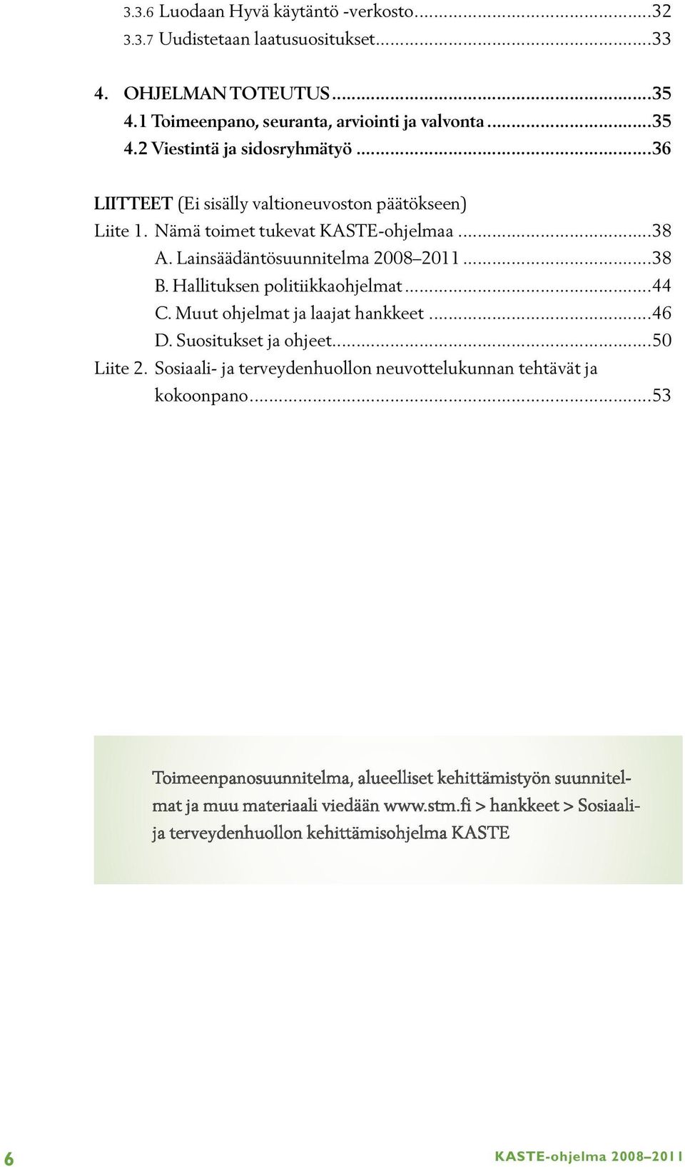 Hallituksen politiikkaohjelmat...44 C. Muut ohjelmat ja laajat hankkeet...46 D. Suositukset ja ohjeet...50 Liite 2.