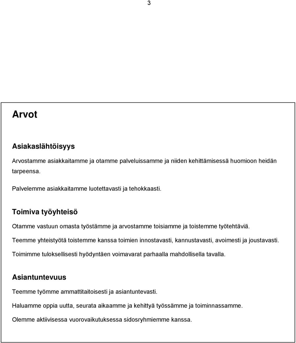 Teemme yhteistyötä toistemme kanssa toimien innostavasti, kannustavasti, avoimesti ja joustavasti.