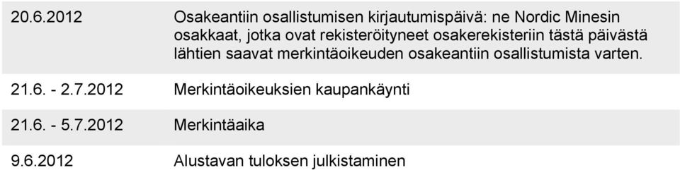 merkintäoikeuden osakeantiin osallistumista varten. 21.6. - 2.7.